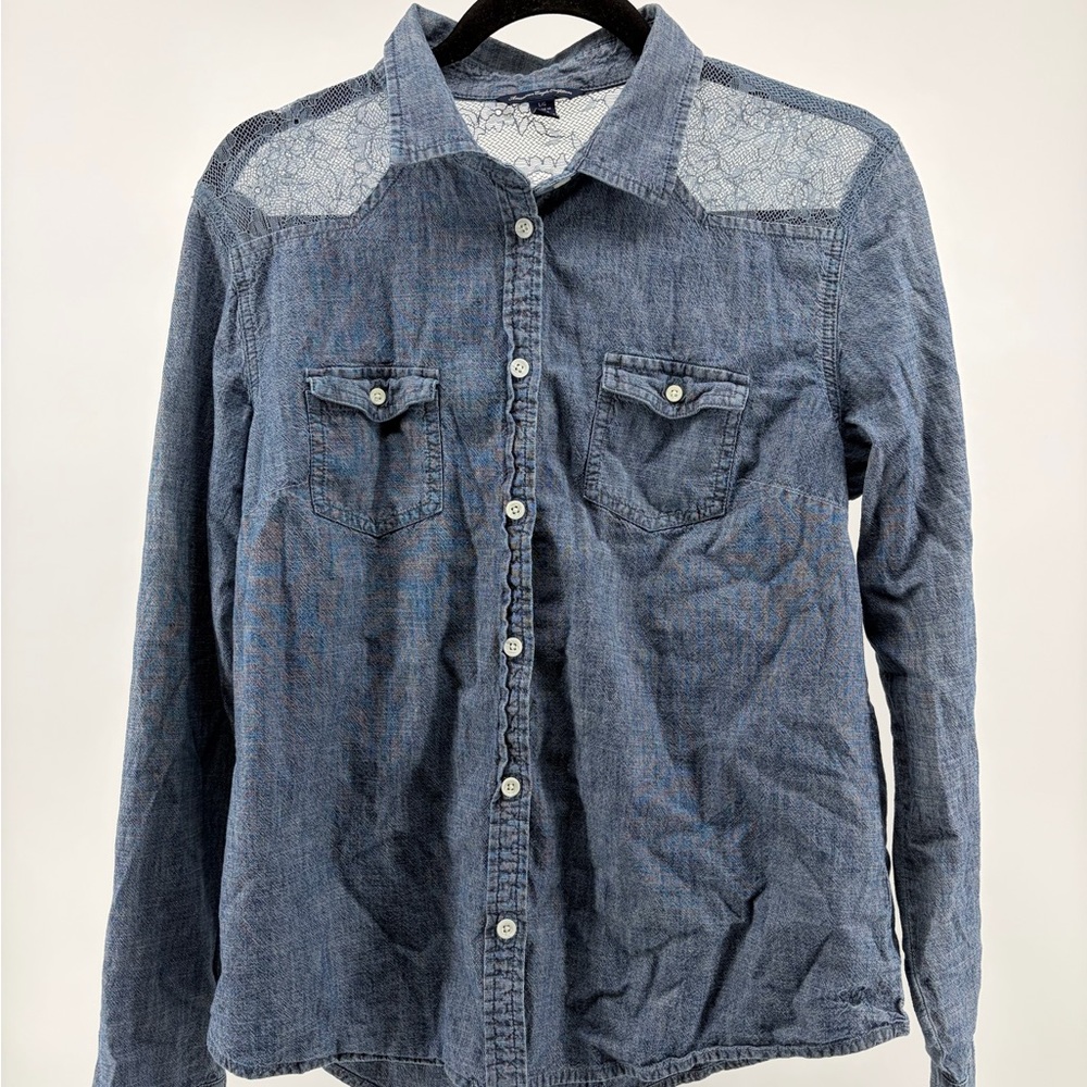 Y2K American Eagle Outfitters Women's SizeL Denim Lace Mesh Button Up Shirt S044